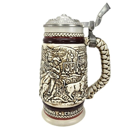 Vintage Avon Beer Stein Cattle Drive Chuck Wagon Scene Pewter Lid JE380 - Picture 2 of 9